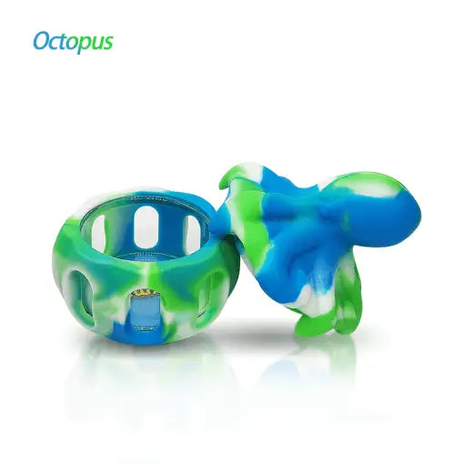 Blue, green, and white tie-dye Waxmaid Octopus Silicone Concentrate Container with lid