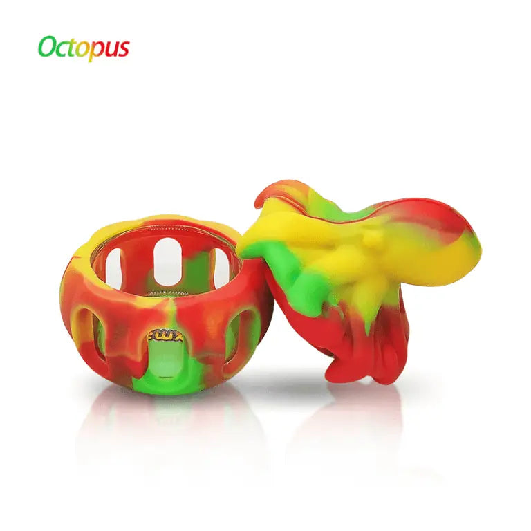 Waxmaid Octopus Silicone concentrate container in red, yellow, and green for reusable storage
