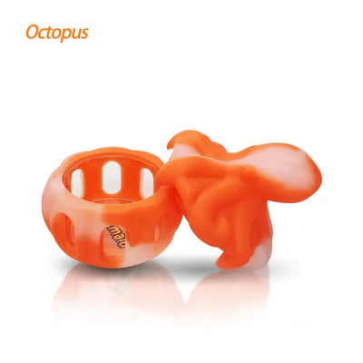 Orange and white earplugs in a Waxmaid Octopus Silicone Concentrate Container