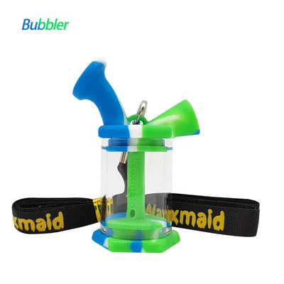 Blue and green waxmaid silicone glass mini bubbler for durability and portability from waxmaid official website
