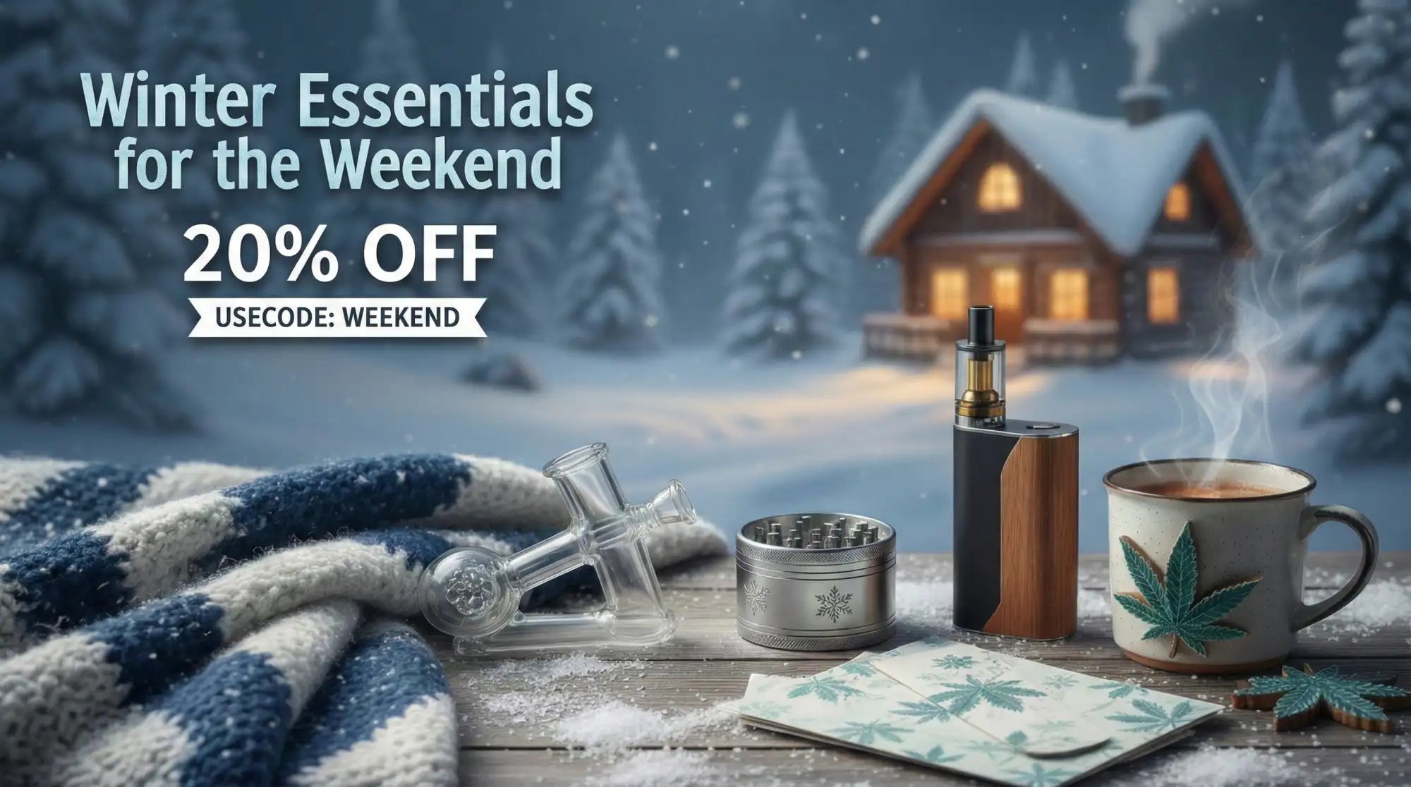 A steaming white ceramic mug with a green cannabis leaf design, featuring a handle and sitting on a snowy surface.