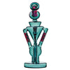 Stylized teal glass figurine recycler dab rig with red zigzag patterns for smooth smoking