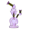 Ornate recycler dab rig with purple glass and green zigzag patterns for smooth smoking