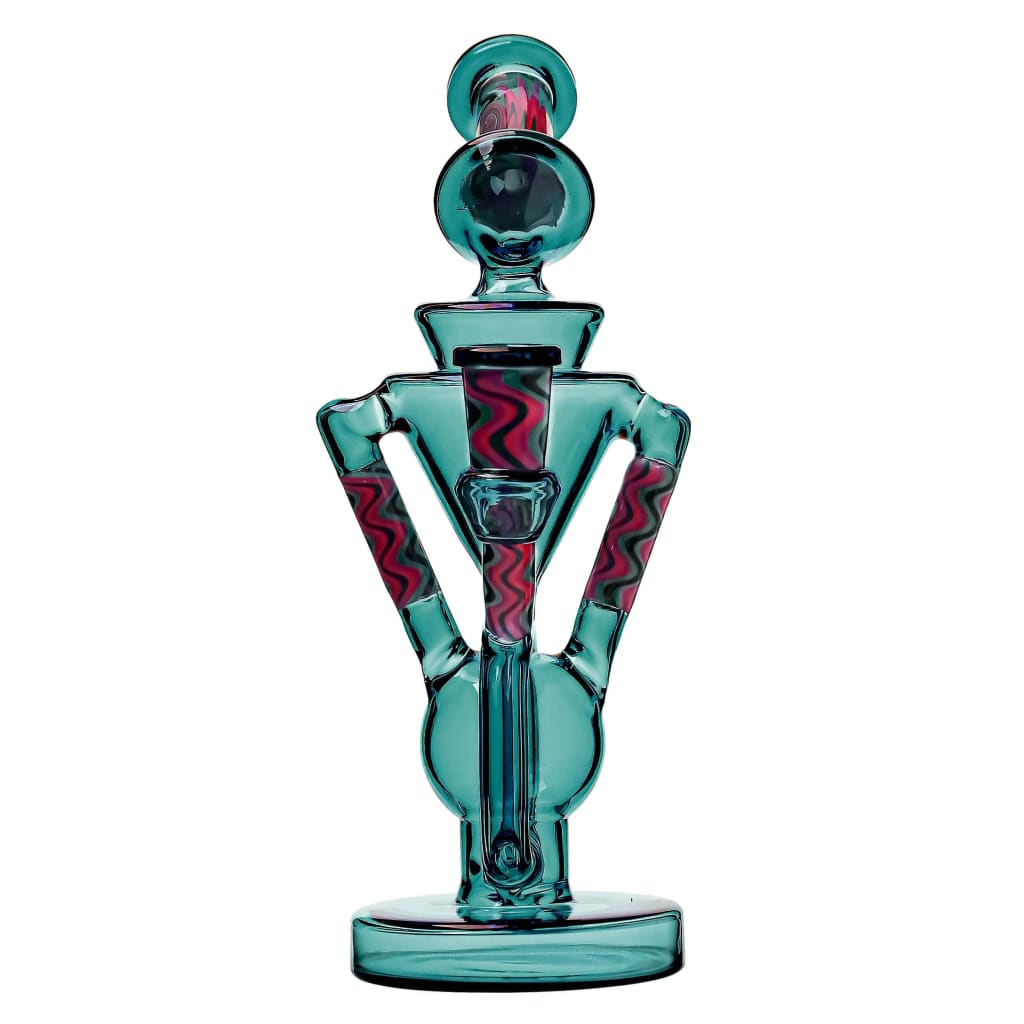 Stylized glass perfume bottle in the shape of an 8.6wigwag Recycler Dab Rig with red zigzag patterns