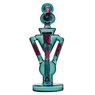 Stylized glass perfume bottle in the shape of an 8.6wigwag Recycler Dab Rig with red zigzag patterns