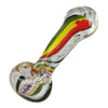 Rasta-colored hand-blown boro glass pipe with recessed bowl and colorful swirling patterns