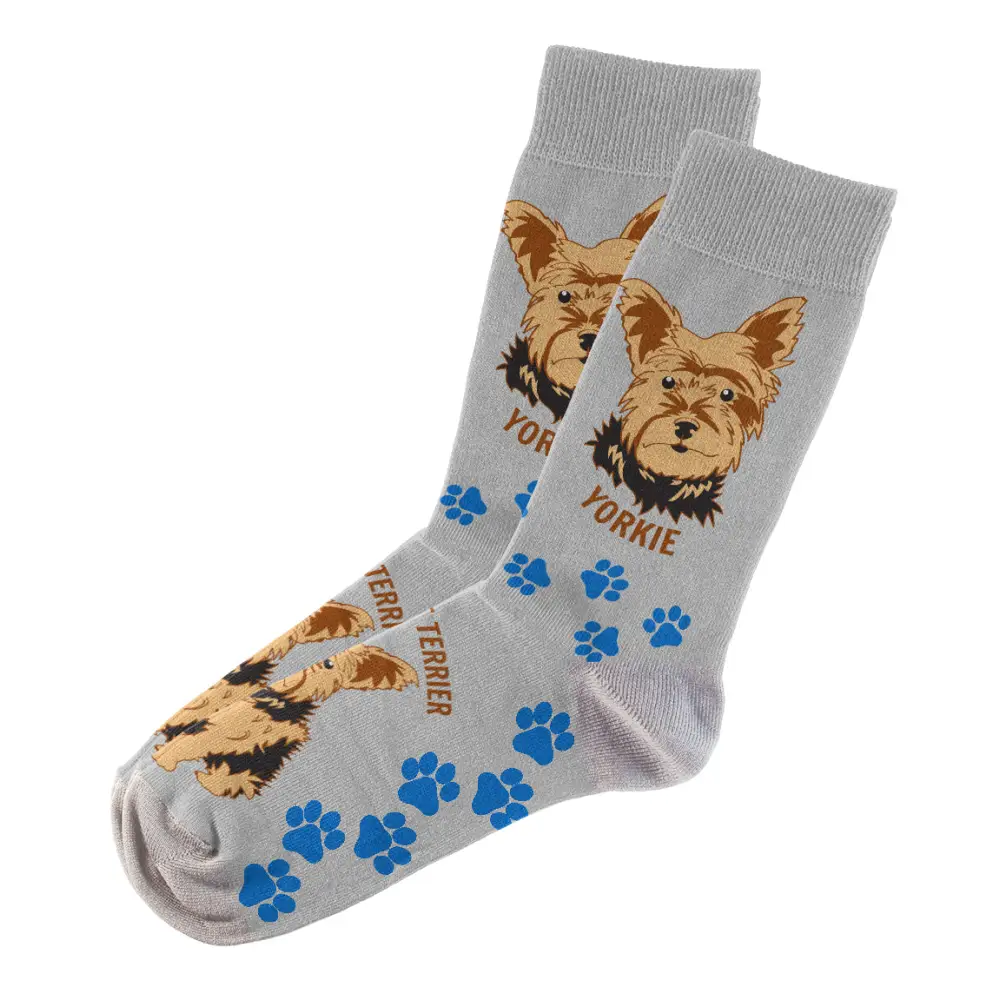 Grey Yorkie socks unisex with dog faces and blue paw prints for comfort and adventure