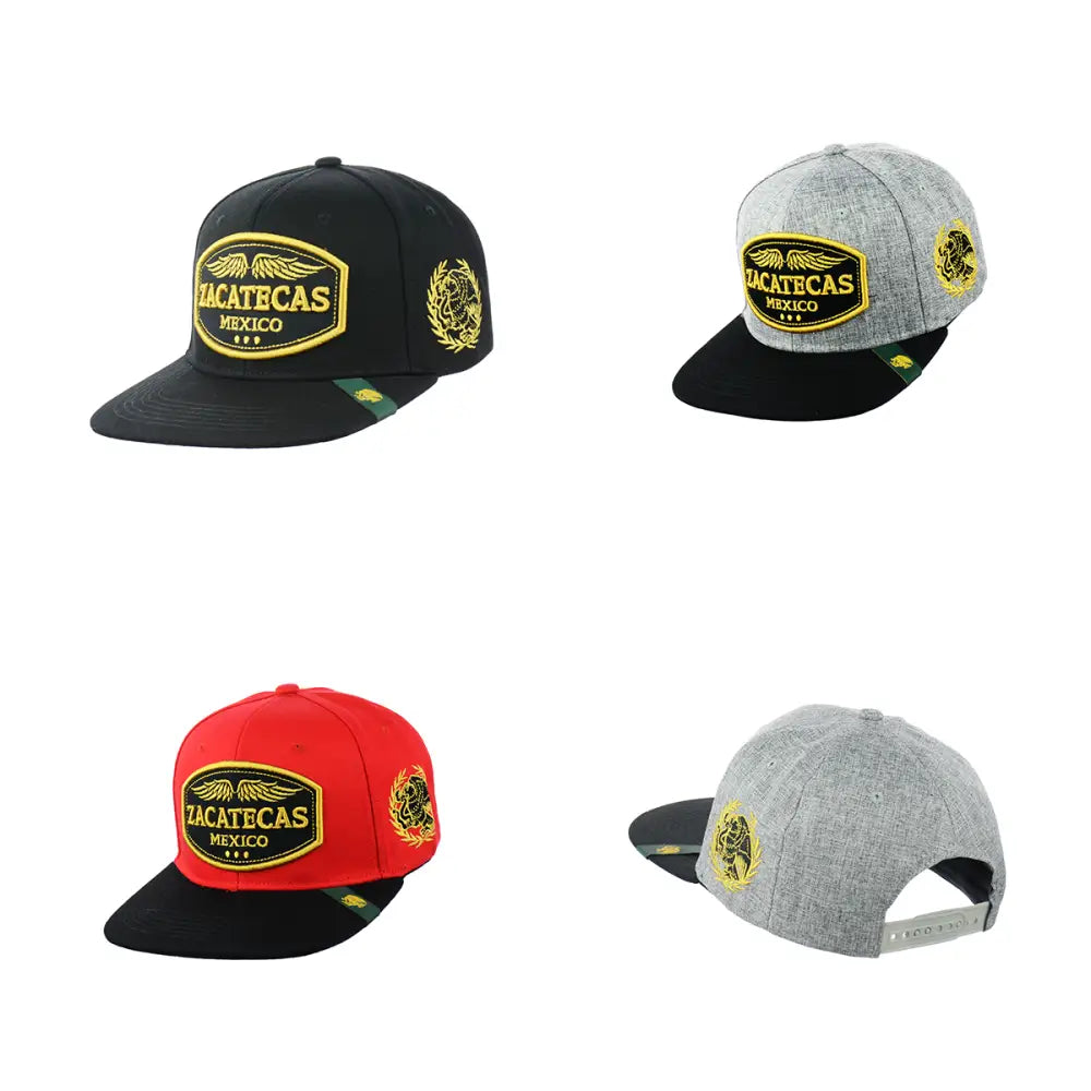 Four zacatecas embroidered snapback hats with cultural designs and patches