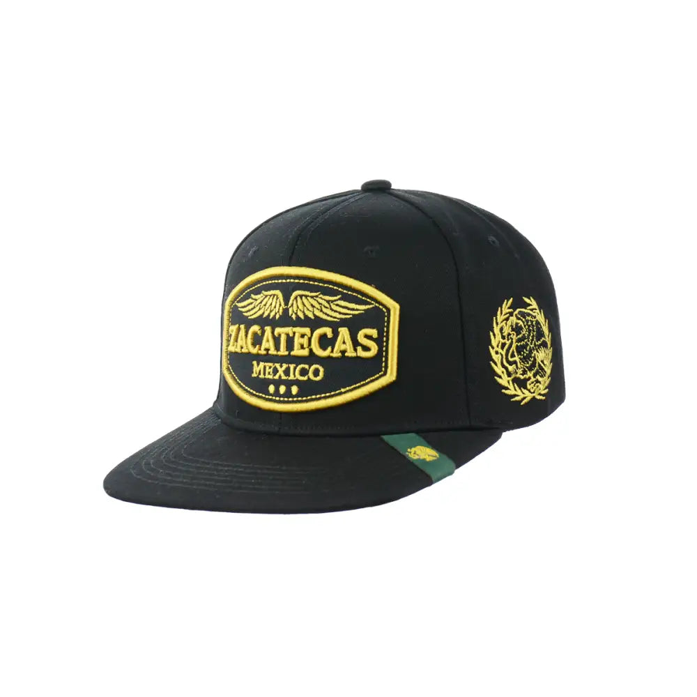 Black zacatecas embroidered snapback hat with gold embroidery and stylish cultural design