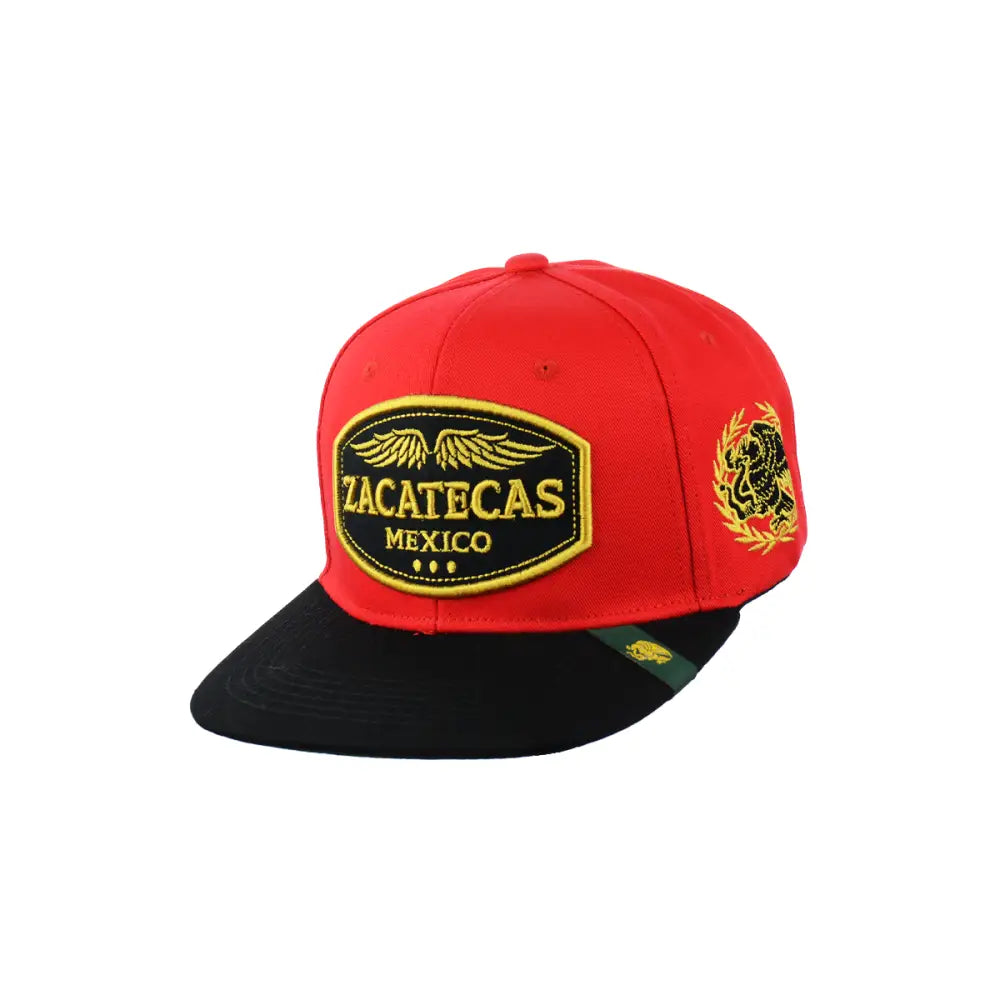 Red and black Zacatecas embroidered snapback hat with stylish cultural design
