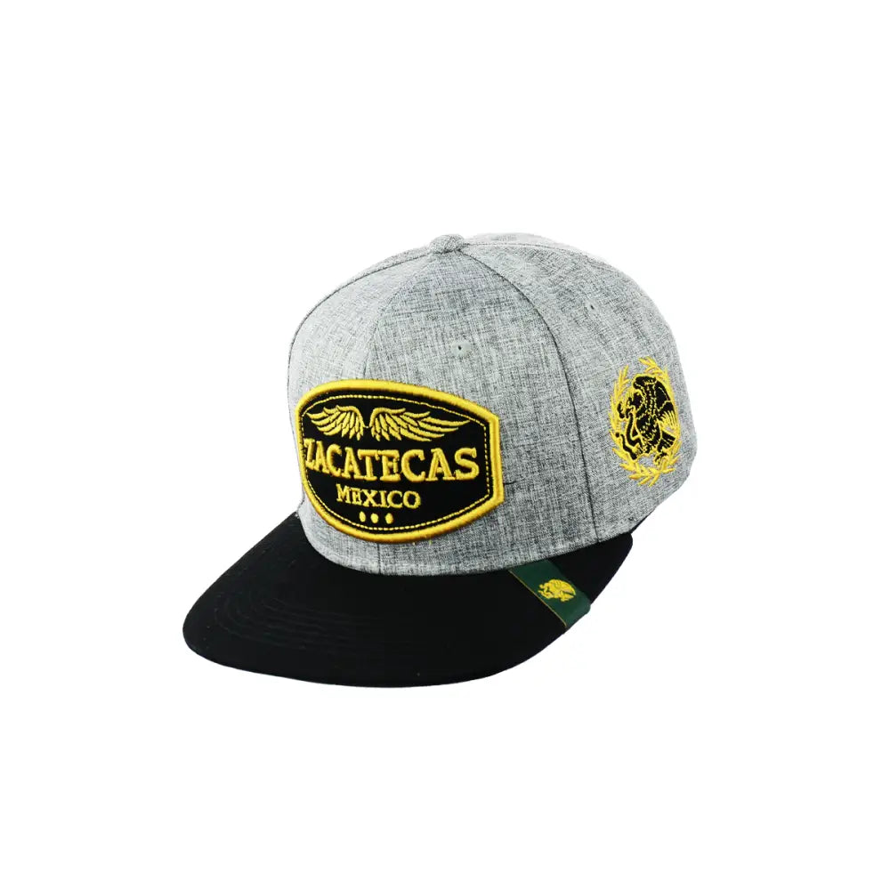 Gray and black Zacatecas embroidered snapback hat with stylish cultural design