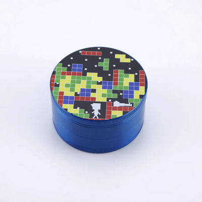 Blue zinc alloy herb grinder with tetris pixel lid