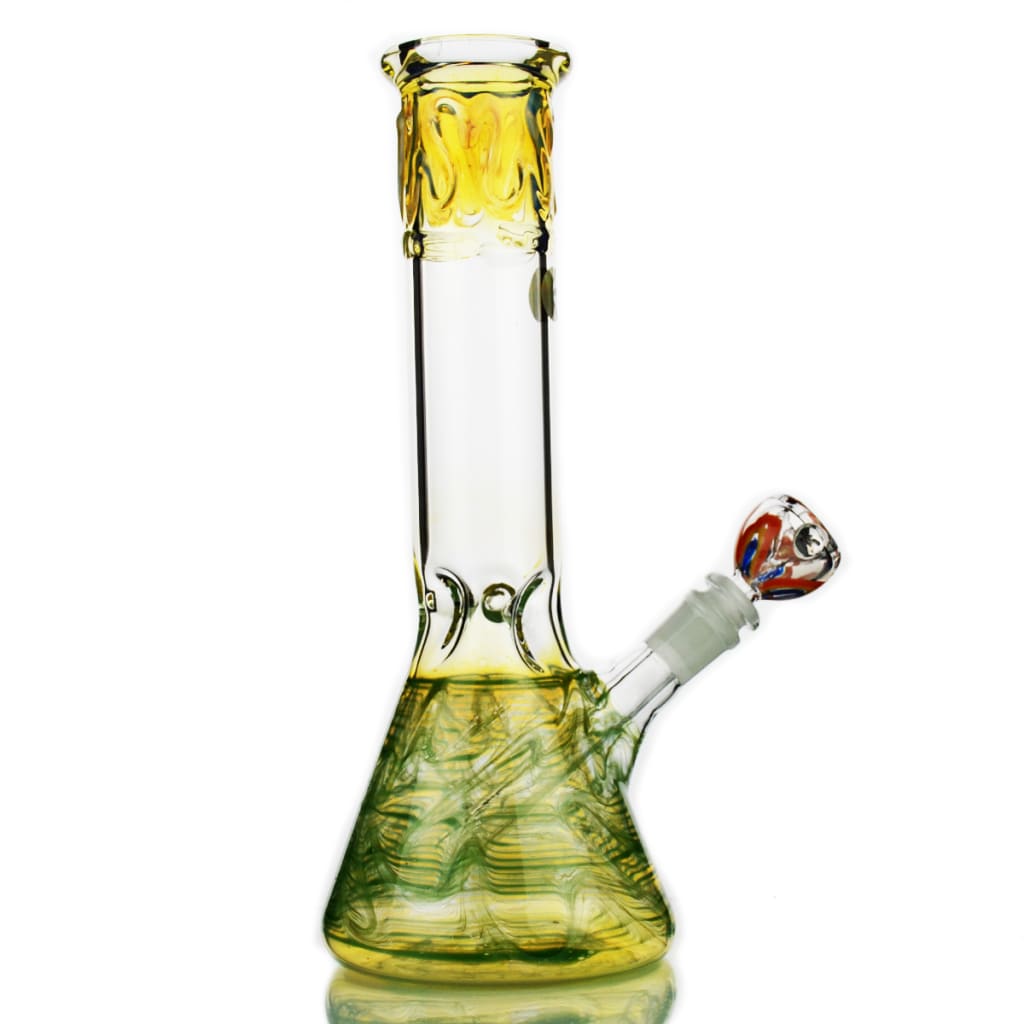 12 Inch Fume Glass American Made Beaker Bong with yellow-tinted intricate green swirls
