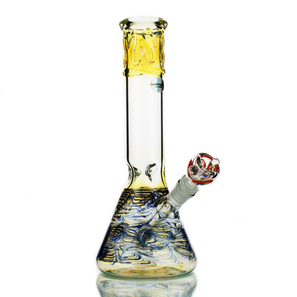 12 Inch Fume Glass American Made Beaker Bong with Yellow Top and Blue Swirls