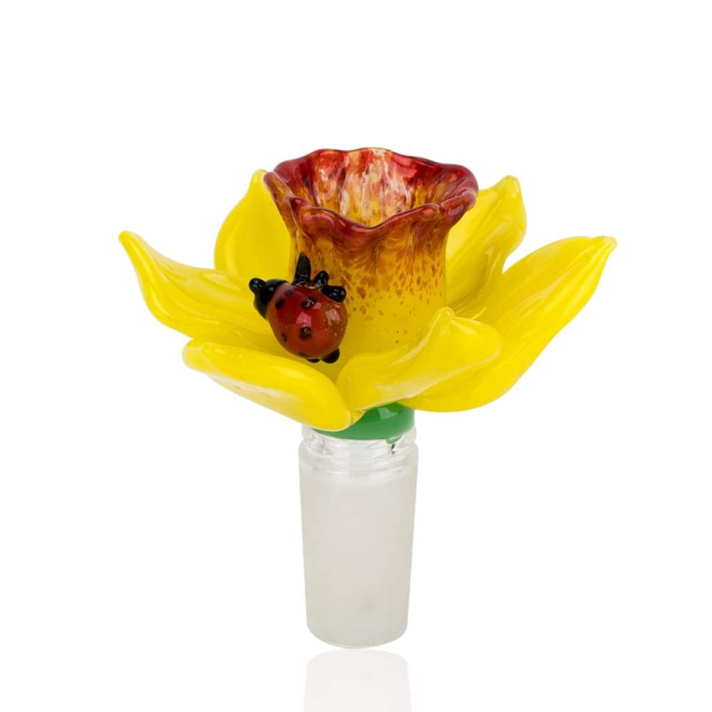 Empire Glassworks 14mm handcrafted daffodil bowl with ladybug decoration on a glass base