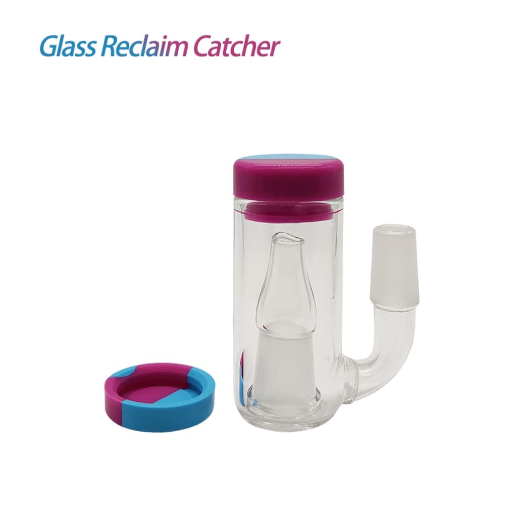 Glass Reclaim Catcher With Pink Lid, Male Joint Bubbler, And Curved Side For Substance Catching