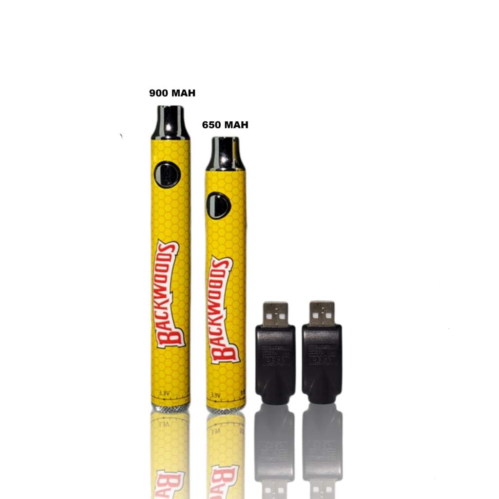 Two yellow Backwoods Twist Battery vape pens with ego-usb charger