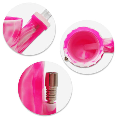 Pink and white marbled silicone dab rig with metal nail for smooth smoke circulate