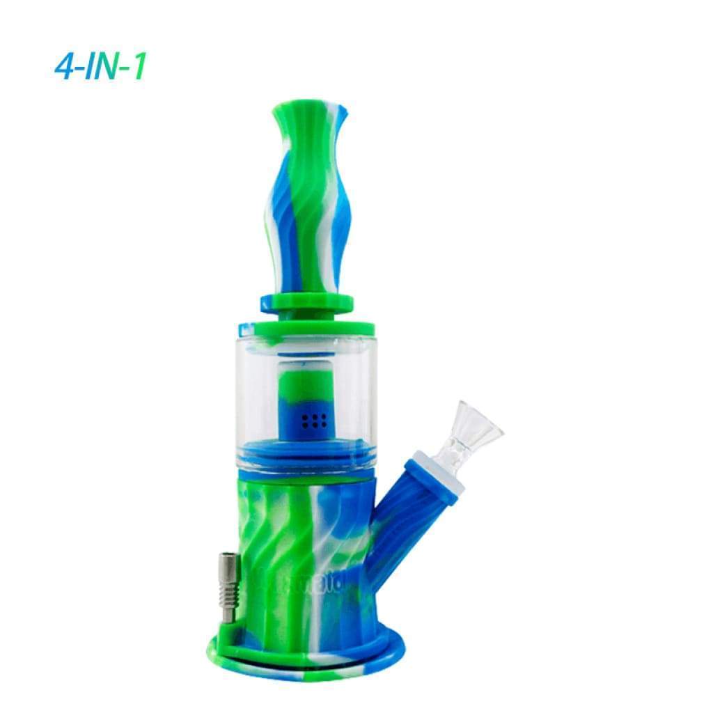 4-in-1 silicone glass water pipe with swirl design and clear chamber for smooth smoke circulate