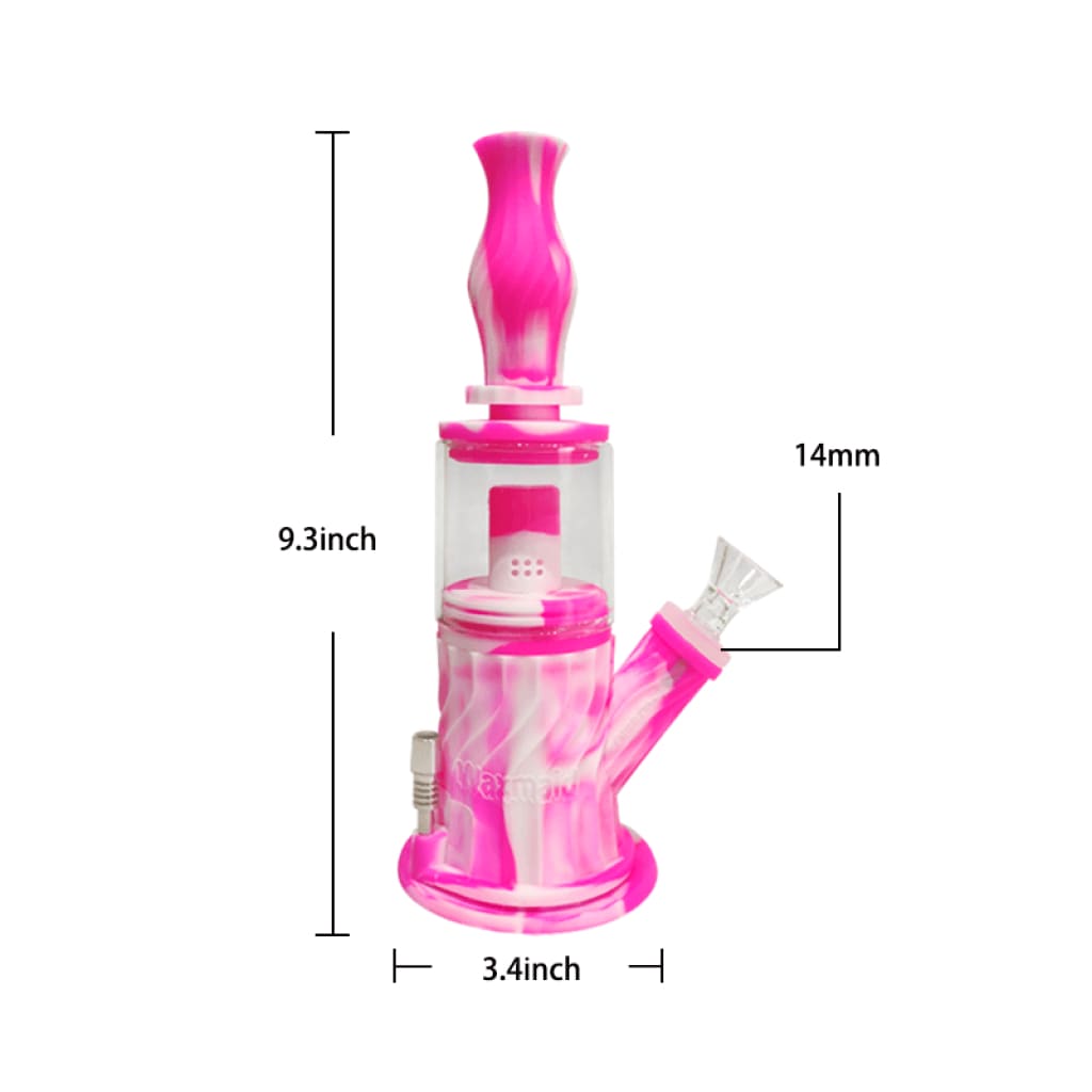 Pink and white marbled 4-in-1 silicone glass water pipe with double percolator for smooth smoke circulate