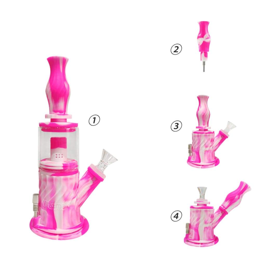 Pink and white 4-in-1 silicone glass water pipe with detachable bowl for smooth smoke circulate