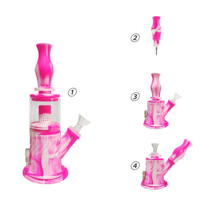 Pink and white 4-in-1 silicone glass water pipe with detachable bowl for smooth smoke circulate
