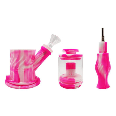 Pink and white swirled 4-in-1 silicone glass water pipe with double percolator for smooth smoke circulate