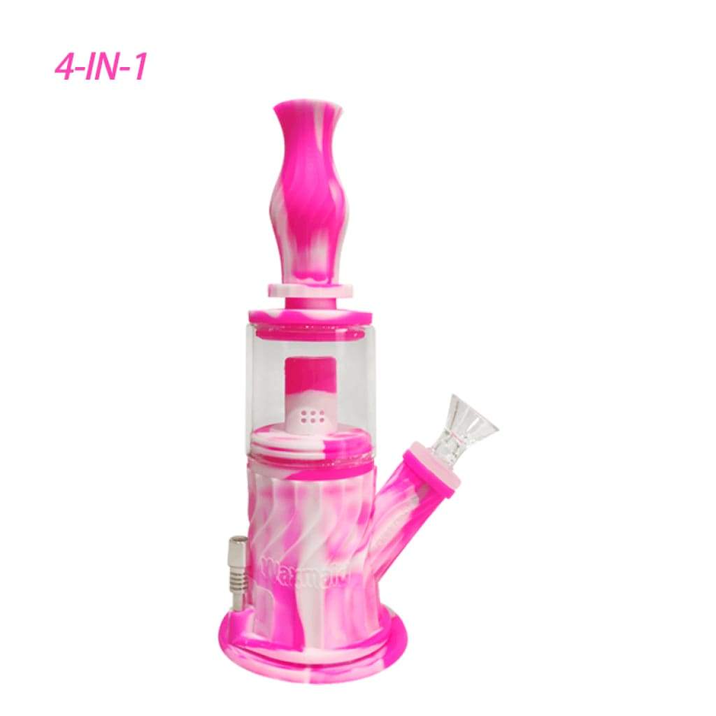 Pink and white marbled 4-in-1 silicone glass water pipe with clear chamber for smooth smoke circulate