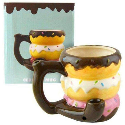 Doughnut Mug Slash Hand Pipe: Ceramic coffee mug shaped like stacked donuts, holds 20 Oz