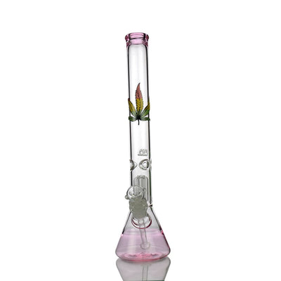 Glass beaker bong with colorful cannabis leaf design and 18mm bowl, made in USA