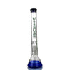 Glass beaker bong with ’VIRUS’ branding, blue liquid, and 18mm bowl made in the USA