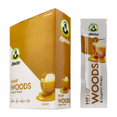 Box of Hemp Woods honey-flavored organic wraps by Afghan Hemp with individual packets