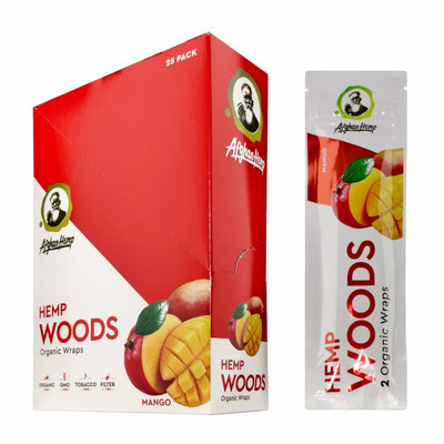 Box of Hemp Woods organic mango wraps by Afghan Hemp, featuring fruit imagery and packaging