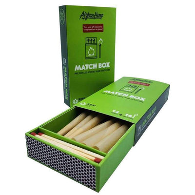 Afghan Hemp Matchbox with pre-rolled cones and matches, perfect for pre-roll cone filling