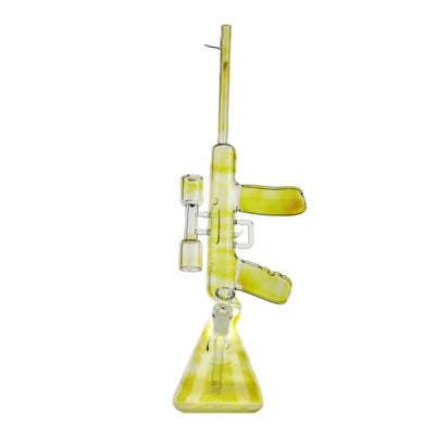 Ak-47 glass rifle bong in yellow-green tones for seasoned smokers; deadly accuracy