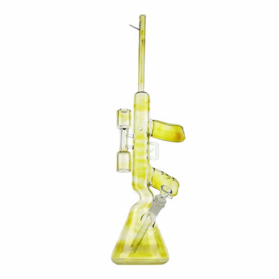 AK-47 glass rifle bong, yellow accents multiple chambers, deadly accuracy for seasoned smokers