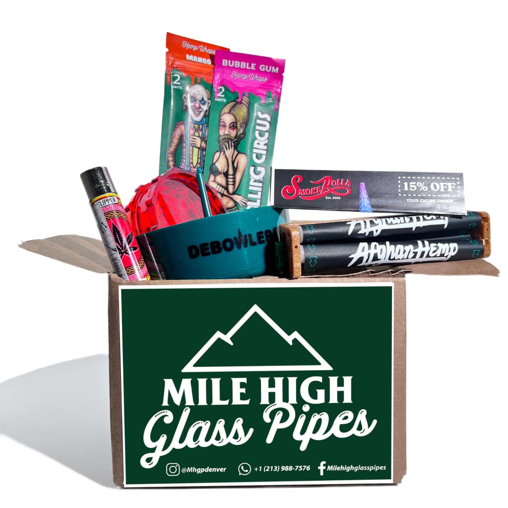 Smokerolla Mystery Box with mile high glass pipes and dry herb accessories
