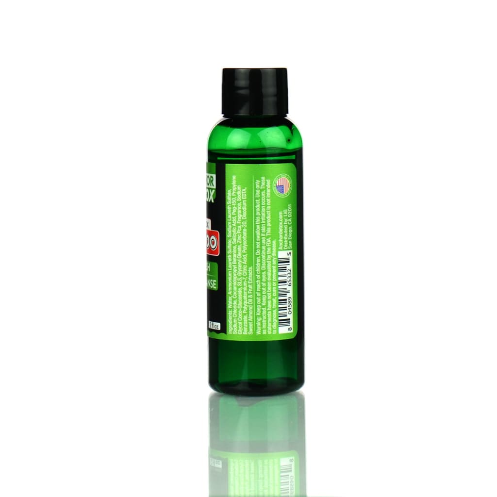 Green plastic bottle with black cap containing Anchor Detox Shampoo 2oz for healthier hair