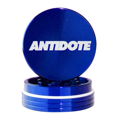 Blue metallic grinder with ANTIDOTE text, crafted from aircraft grade aluminum for satisfaction