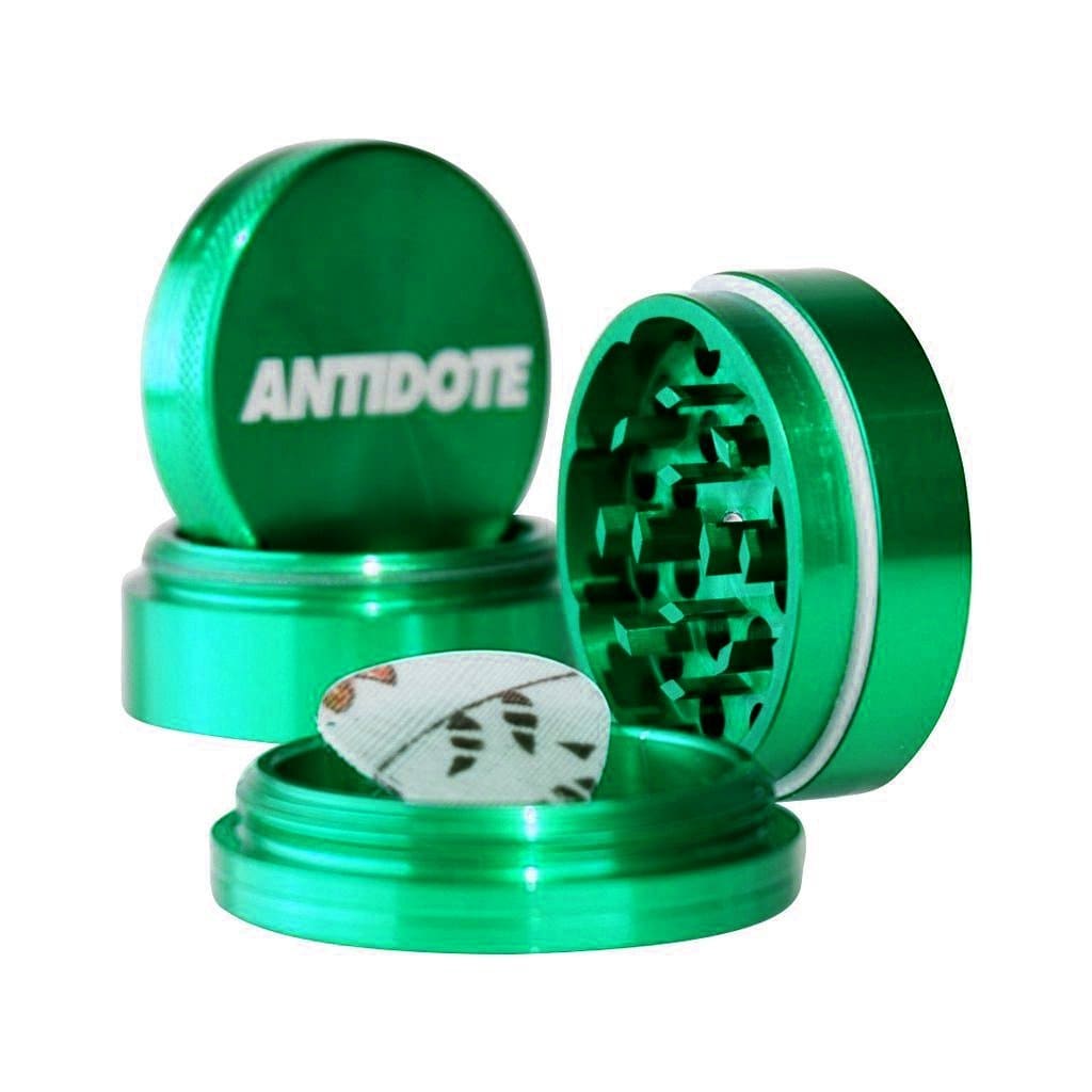 Metallic green Antidote Grinders in aircraft grade aluminum, 2.5 inch