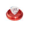 Red metal guitar pick holder with white pick in Antidote Red 4-piece Grinder, aircraft grade aluminum