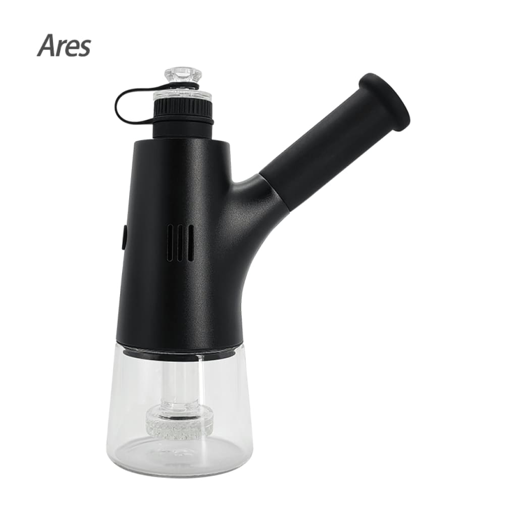Black handheld Ares Dab Rig with clear glass base and ultra-thin quartz chip mouthpiece