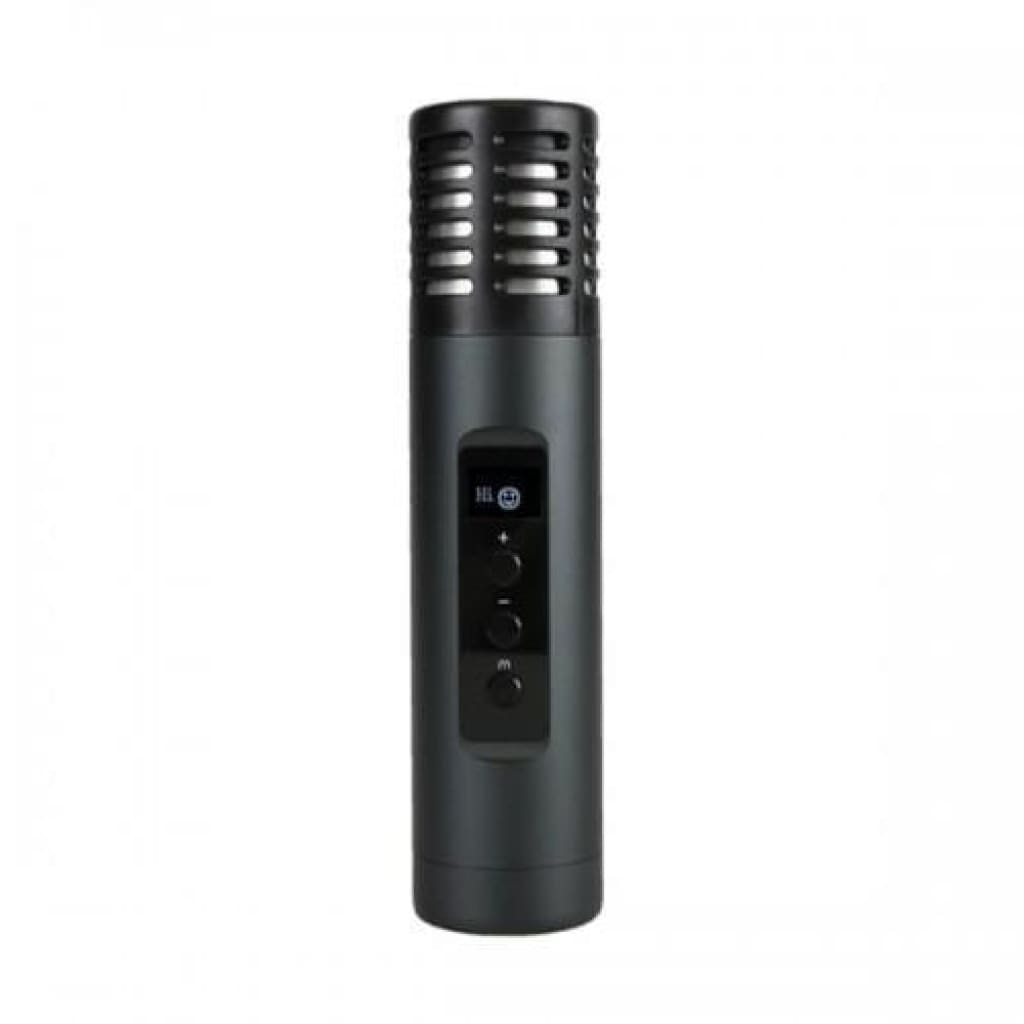 Cylindrical black dry herb vaporizer with control buttons and higher capacity battery