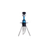 Caliber Hookah with stainless steel tubing, blue body, tripod legs, and matching metal handle