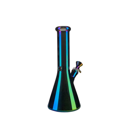 Beaker metallic rainbow water pipe with iridescent black glass and sleek tapered design