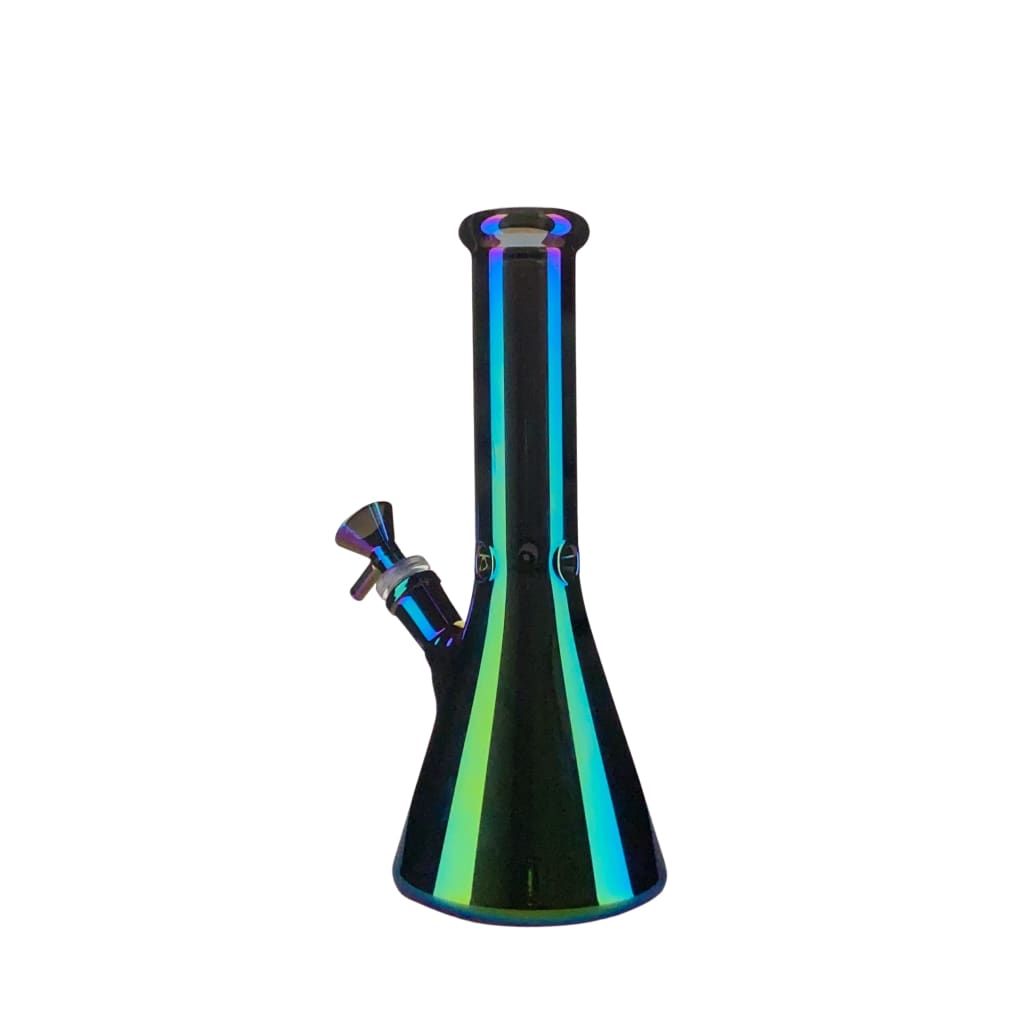Iridescent beaker metallic rainbow water pipe with sleek blue mouthpiece