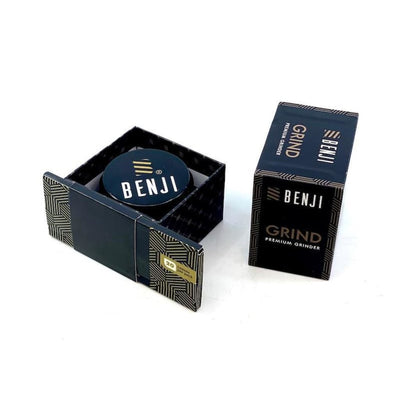 Benji Grinder: Matte Black Aluminum with sharp teeth and sleek packaging