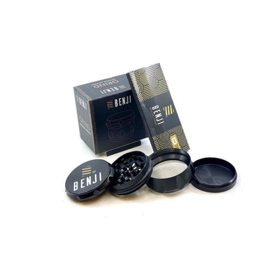 Benji Grinder: Matte Black Aluminum Herb Grinder with Sharp Teeth and Benji Branding