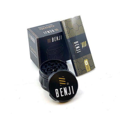 Benji Grinder: Matte Black Aluminum With Sharp Teeth and packaging boxes displayed