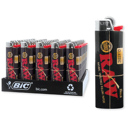 Display case of Bic lighters featuring RAW classic design with black bodies and red accents